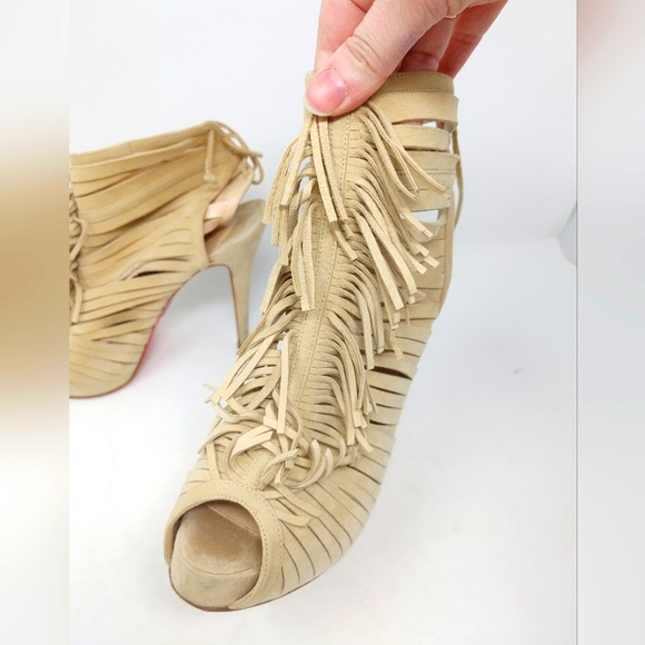 Christian Louboutin Deva Suede Fringe Tie Up Booties Size 36 - Picture 3 of 14